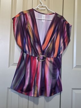 Avon Multicolor Striped V-Neck Belted Tunic in Purple and Orange Tones